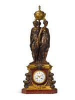 A PATINATED BRONZE AND GRIOTTE MARBLE 'THREE GRACES' CLOCK, BY VICTOR PAILLARD, AFTER THE MODEL BY GERMAIN PILON, FRENCH, CIRCA 1855