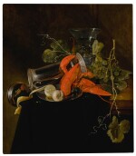 Still life with two lobsters, an overturned tankard, a berkemeier glass, grapes, and a lemon