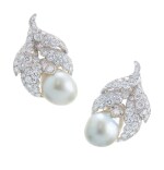 DAVID WEBB | PAIR OF CULTURED PEARL AND DIAMOND EARCLIPS