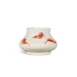 A soft-paste iron-red enamelled waterpot, Seal mark and period of Qianlong | 清乾隆 漿胎礬紅彩瑞蝠紋水盂 《乾隆年製》款