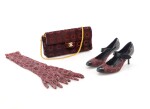 Brown ‘COCO’ print pony hair style shoulder bag, pair of matching gloves and pair of fabric and black patent leather Mary Jane pumps