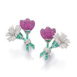 MICHELE DELLA VALLE | PAIR OF RUBY, EMERALD AND DIAMOND EAR CLIPS