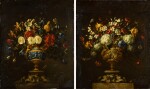 A pair of floral still lifes, in lapis and bronze vases on stone plinths | 《靜物畫一對：石基座上的青銅鑲青金石瓶花》