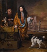 A portrait of the merchant A. van Goor by a harbour, with a servant, a dog, and a monkey