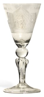 A DUTCH ENGRAVED PEDESTAL-STEMMED WINE GLASS, 18TH CENTURY