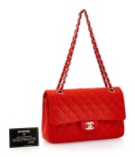RED JERSEY AND SILVER-TONE METAL CLASSIC SHOULDER BAG, CHANEL