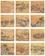 Lake landscapes In the style of Wen Zhengming Qing dynasty | 清 文徵明（款） 湖山競秀圖 十二開册 設色絹本 配藍地龍紋緙紙封面