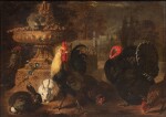 Hens, a turkey and rabbits in a classical landscape | Poules, dindes et lapins dans un paysage