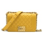 Small Boy Bag Mustard Yellow Colour in Calfskin Leather with gold tone hardware and nylon lining. Chanel. 2015 - 2016.