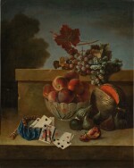 Still Life of Peaches in a Porcelain Bowl, Together with Grapes, Figs, a Melon, and a Purse with Coins and Playing Cards, all upon a Stone Ledge