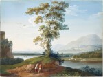 Mountainous river landscape with figures ambling in the foreground