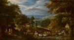 DAVID VINCKBOONS  | A wooded landscape with elegant figures promenading, and villagers with their cattle