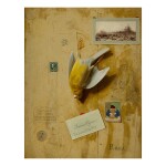 FRANCESCO ALEGIANI | TROMPE L'OEIL STILL LIFE WITH A NIGHTINGALE COCK CANARY AND A TWO PENCE STAMP