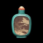 A turquoise-ground Yixing stoneware 'landscape' snuff bottle, Qing dynasty, Daoguang period | 清道光 宜興紫砂松綠釉開光堆料山水圖鼻煙壺