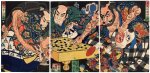 Utagawa Kuniyoshi (1797–1861) | Sakata no Kintoki, Usui Sadamitsu and Genji Tsuna subdue monsters while playing go (Shumenosuke Sakata no Kintoki, Takiguchi no toneri Genji Tsuna, Dakoe no jo Usui Sadamitsu) | Edo period, 19th century