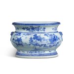 A Rare Large Chinese Export Blue and White Large Oval Wine Cistern Qing Dynasty, Qianlong Period, Circa 1770 | 清乾隆 約1770年 青花山水人物圖大缸