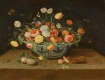 PSEUDO-JAN VAN KESSEL II | A still life of flowers in a porcelain bowl and a squirrel on a stone ledge