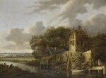 ATTRIBUTED TO CORNELIS GERRITSZ. DECKER | A river landscape with a cottage, peasants fishing on the bank