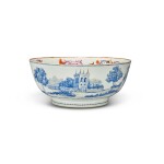 Extremely Rare and Important Chinese Export European Subject Initialed Punch Bowl, Qing Dynasty, Qianlong Period, After 1759-1785 | 清乾隆 1759年後至1785 粉彩西洋錦鷄山水人物圖大盌