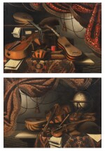 Still life with musical instruments and a red drapery;  Still life with musical instruments and a globe