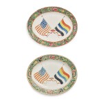 A RARE PAIR OF CANTON FAMILLE-ROSE OVAL PLATTERS BEARING THE FLAGS OF THE UNITED STATES OF AMERICA AND THE REPUBLIC OF CHINA, REPUBLIC PERIOD, 1912-28 | 民國 1912-28年 廣彩中美國旗圖盤一對