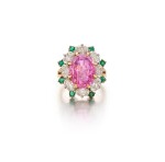 Pink Sapphire, Emerald and Diamond Ring