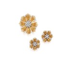 Pair of Gold and Diamond Earclips and Clip-Brooch, France