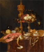 A still life with a lobster, a gilt cup, a tazza, a shell, a Wan-Li bowl and a clock, together with a lemon, grapes, peaches and cherries