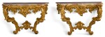 A PAIR OF ROCOCO STYLE CARVED GILTWOOD CONSOLE TABLES, PROBABLY FRENCH LATE 19TH CENTURY