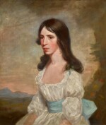 SIR HENRY RAEBURN, R.A. |  PORTRAIT OF MISS MAITLAND, HALF-LENGTH, SEATED IN A LANDSCAPE, WEARING A WHITE DRESS WITH A BLUE SASH