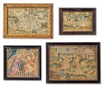 Four Assorted English Needlework Picture Fragments, Late 17th - Early 18th Century