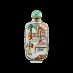 A famille-rose porcelain 'Romance of the West Chamber' snuff bottle Seal mark and period of Jiaqing | 清嘉慶 青花描金粉彩西廂人物圖鼻煙壺 《嘉慶年製》款