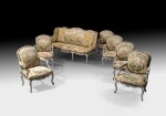 A set of Louis XV painted mobilier de salon, including a sofa and six armchairs, stamped P. GOURDIN | Mobilier de salon en bois laqué d'époque Louis XV, comprenant un canapé et six fauteuils, estampillé P. GOURDIN