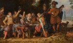 Elegant company feasting, with musicians beneath an arbour, a palace and ornamental garden beyond