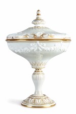 A SEVRES PORCELAIN PÂTE D'APPLICATION CELADON-GROUND (FOND CHANGEANT) FOOTED CUP AND COVER, CIRCA 1876