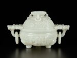 A carved white jade 'butterfly' tripod censer and cover, Late Qing dynasty | 清末 白玉雕纏枝花卉紋蝶耳活環三足蓋爐