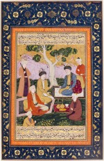 An illuminated and illustrated leaf from a manuscript of Tarikh-i Jahangusha-yi Khaqan Sahibqiran: Badi' al-Zaman Mirza and Muzaffar Husayn Mirza Receive Muqi Beg and Shuja Beg in Herat, following the death of their father, Sultan-Husayn Mirza, attributable to Mu'in Musavvir, Persia, Isfahan, Safavid, circa 1686-90 AD