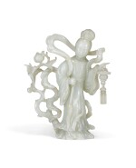 A pale celadon jade figure of a Meiren, Late Qing dynasty | 晚清 青白玉美人立像