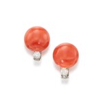 Pair of Coral and Diamond Earclips