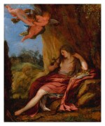ROMAN SCHOOL, 17TH CENTURY | THE PENITENT MARY MAGDALENE IN A CAVE WITH TWO PUTTI
