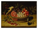 Still life with cherries, plums, raspberries and other fruits in a basket, with a yellow bird