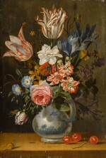 Still life with tulips, an iris, a rose, morning glories and other flowers with a dragonfly, butterfly and other insects, with cherries and a snail on a wooden ledge