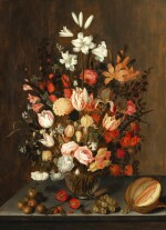 Still life with flowers in a glass vase, with fruit, a lizard and insects and butterflies, all on a stone ledge