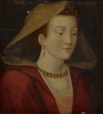 Portrait of a lady, bust-length, in a red dress