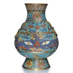 A rare cloisonné enamel 'taotie' hu-form vase, Late Ming dynasty | 明末 銅胎掐絲琺瑯饕餮紋鋪首耳壺