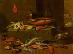 Still life of assorted fish on a stone ledge with a cat behind