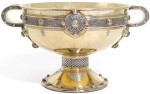 THE ARDAGH CHALICE. A VICTORIAN SILVER-GILT REPLICA TWO-HANDLED ROSE BOWL, FREDERICK ELKINGTON, LONDON, 1879