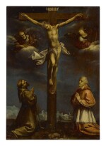 LOMBARD SCHOOL, EARLY 17TH CENTURY | THE CRUCIFIXION WITH SAINT FRANCIS, A CARDINAL AND TWO ANGELS