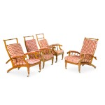 A harlequin set of four Victorian reclining armchairs, last quarter 19th century, in the manner of Morris, Marshall, Faulkner & Co