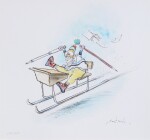 Ronald Searle | "Kid ski school", pen ink and watercolour with crayon, framed and glazed
